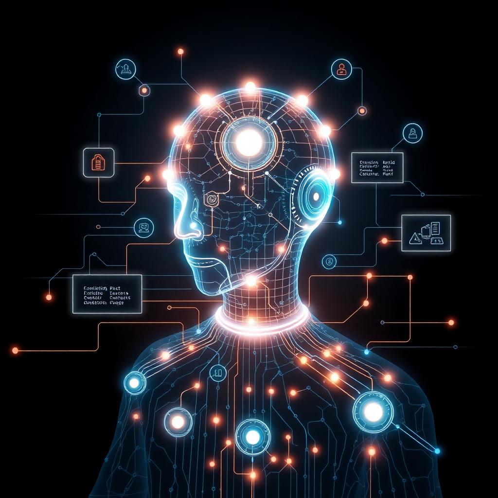Abstrakte leuchtende KI-Agenten-Visualisierung, die Business-Workflows orchestriert und Enterprise-Systeme über Entscheidungsknoten verbindet