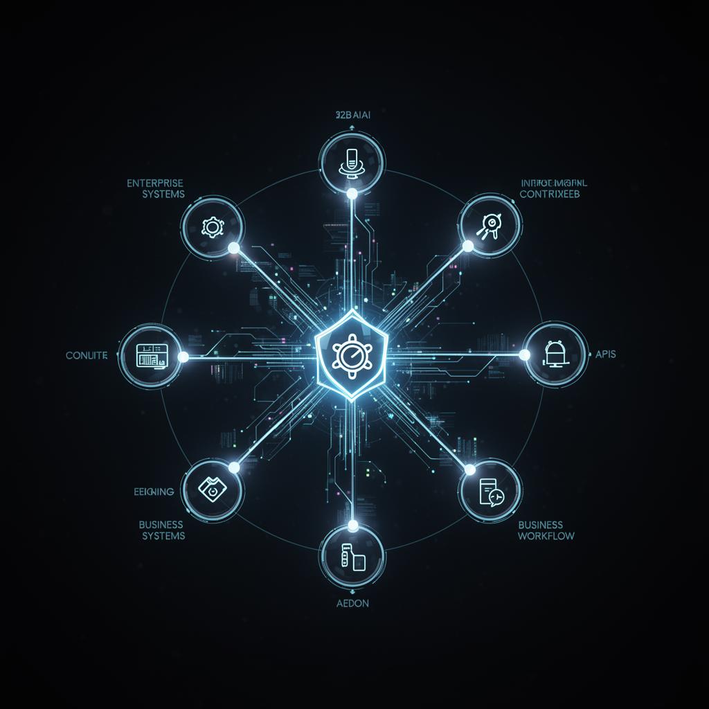 Abstraktes leuchtendes B2B-KI-Integrationsnetzwerk, das Unternehmenssysteme, APIs und Workflows über einen sicheren Kontroll-Hub auf dunklem Hintergrund verbindet