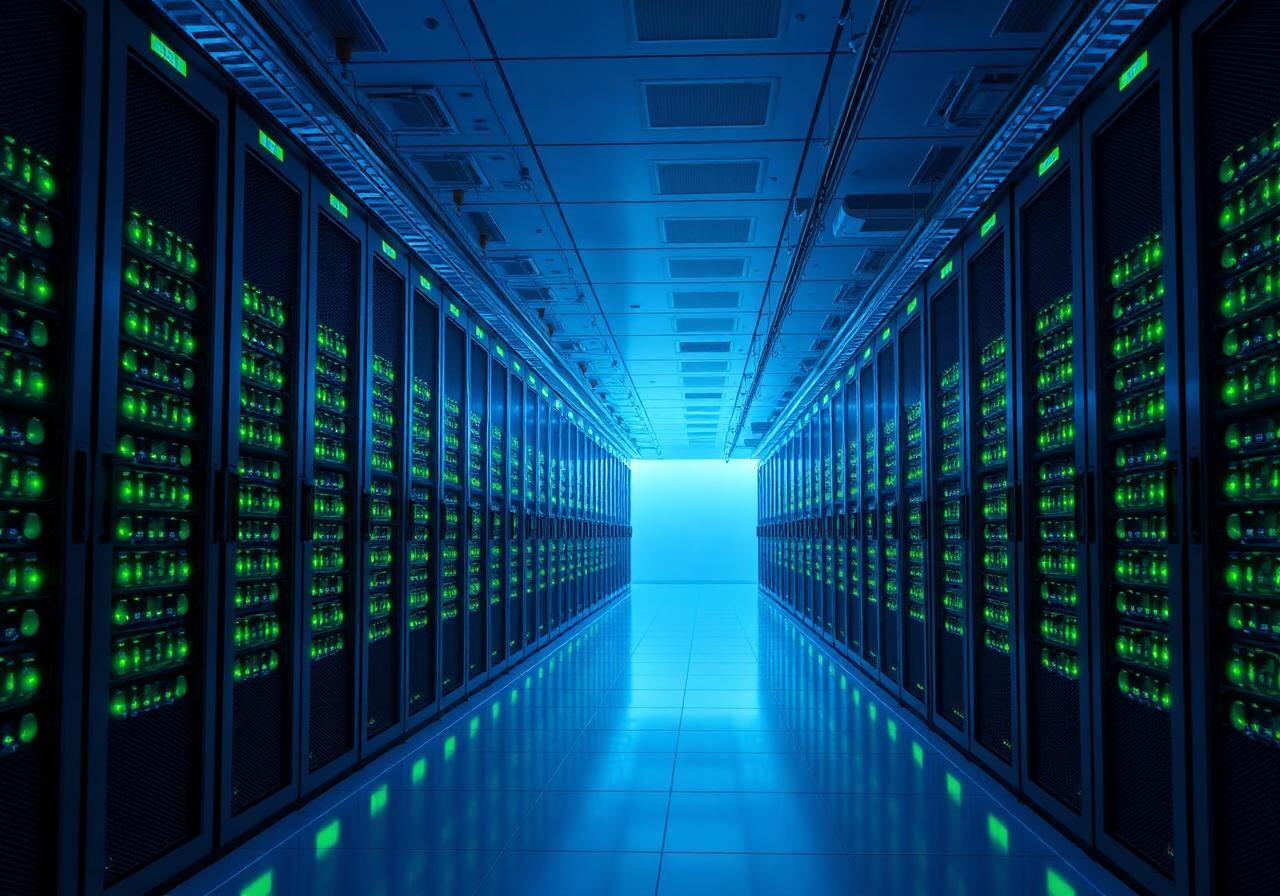 Secure EU data center with rows of servers