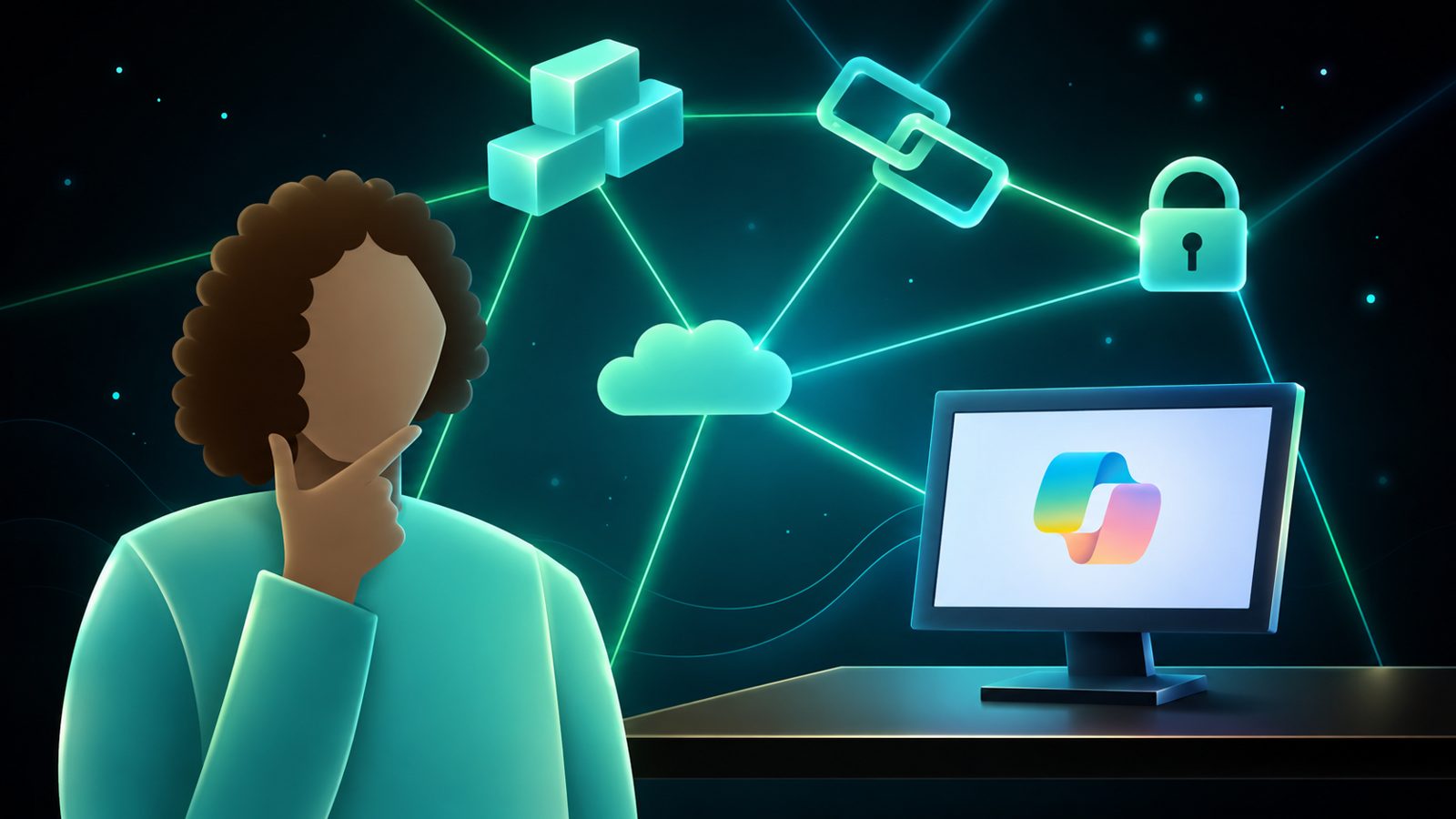 Stilisierte Illustration einer Person neben einem Monitor mit Microsoft-Copilot-Logo, verbunden mit schwebenden Icons für Cloud, Daten, Integration und Sicherheit auf dunklem Hintergrund
