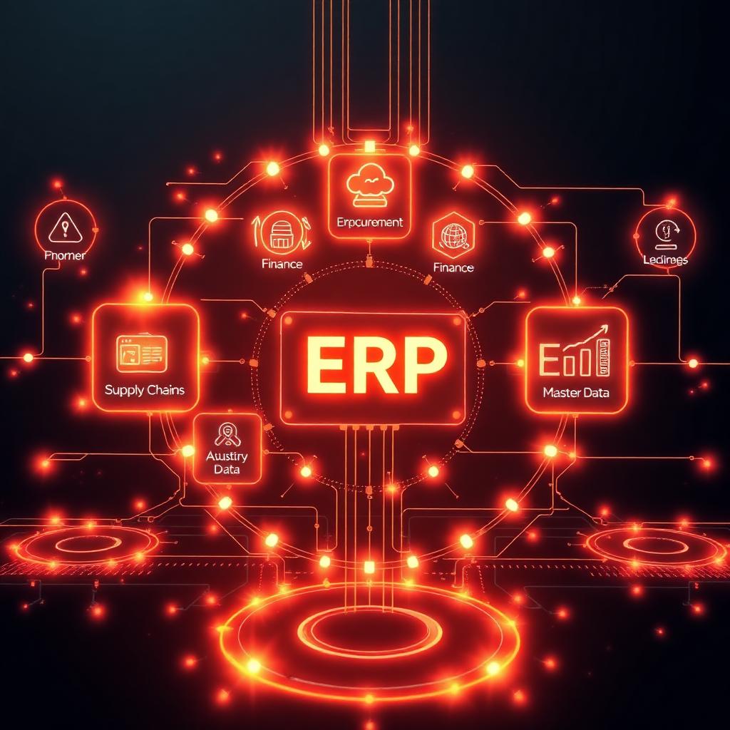 Abstraktes, leuchtendes ERP-KI-Automatisierungssystem, das Enterprise-Resource-Planning-Workflows mit miteinander verbundenen Modulen auf dunklem Hintergrund orchestriert