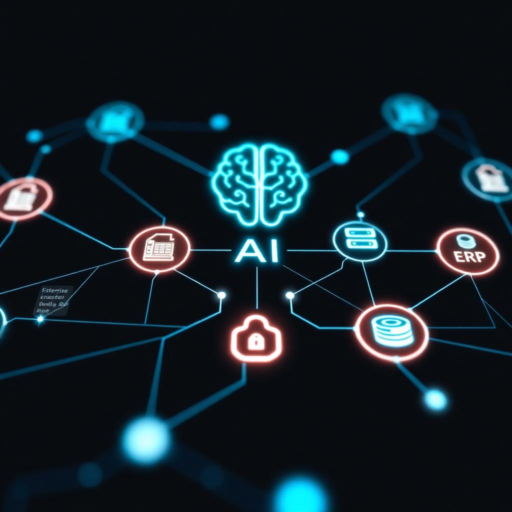 Abstraktes leuchtendes Netzwerk, das einen KI-Knoten über ein sicheres Control Hub mit Enterprise-System-Icons verbindet