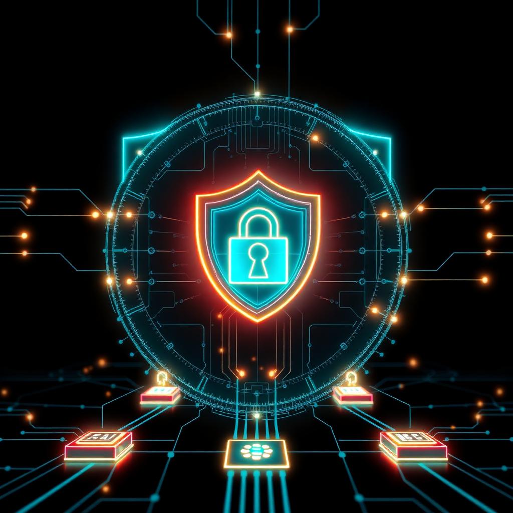 Abstraktes, leuchtendes Sicherheits-KI-Schild, das Workflows regulierter Industrien schützt, mit Audit-Trails und Compliance-Gates auf dunklem Hintergrund